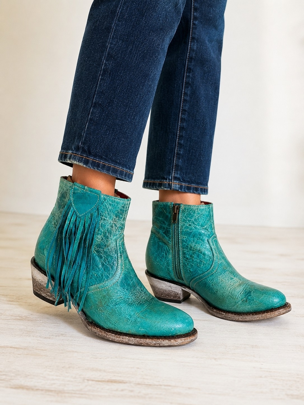 Ferrini Turquoise Teal Leather Fringe Western Ankle Boots 6.5 Coastal Cowgirl